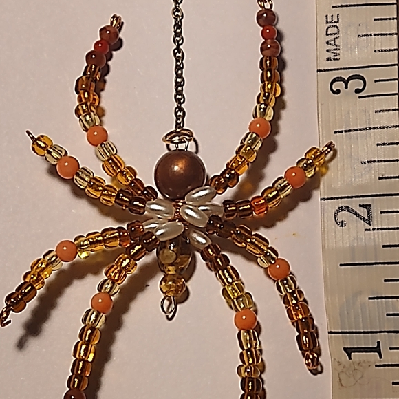 Hand Crafted Beaded Spider Pendant in Gold and Orange - Picture 5 of 9